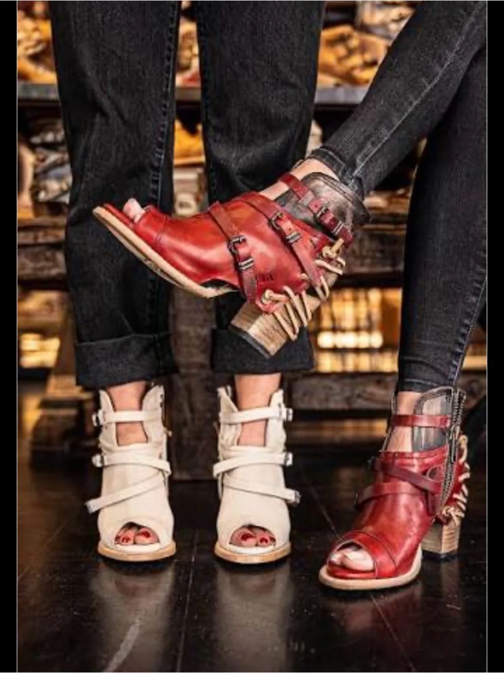 Freebird by Steven Red and Cream Open-Toe Strappy Ankle Booties - Picture 1 of 9